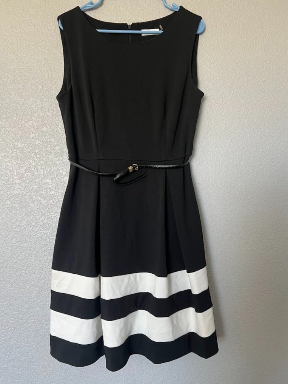 Calvin Klein Black White Fit and Flare Belted Dress Size 12